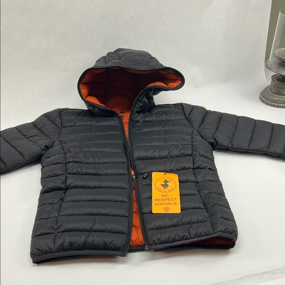 SAVE THE DUCK Black and Tangerine Hooded Puffer Jacket - Picture 8 of 10